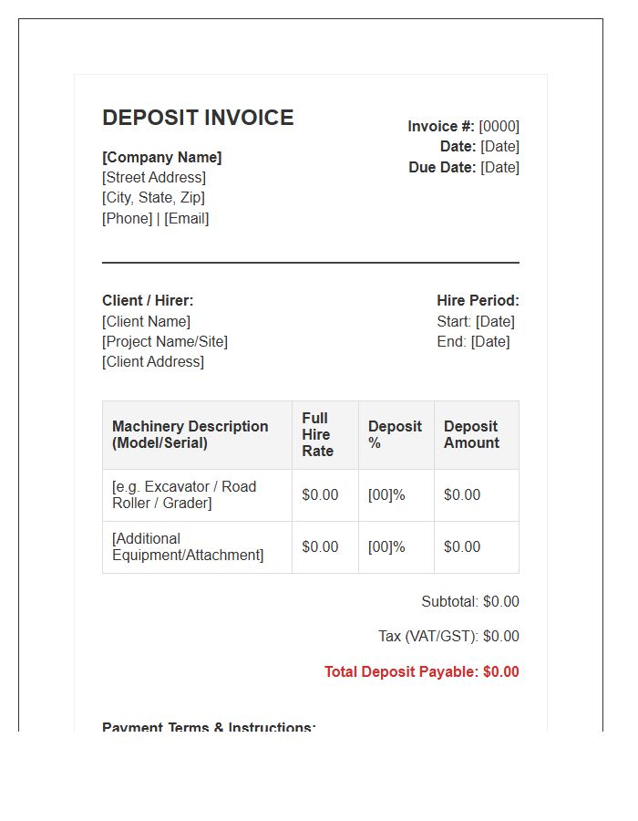 Road Construction Machinery Hire Deposit Invoice Template