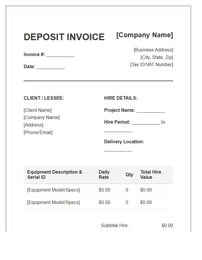 Specialized Equipment Hire Deposit Invoice Template