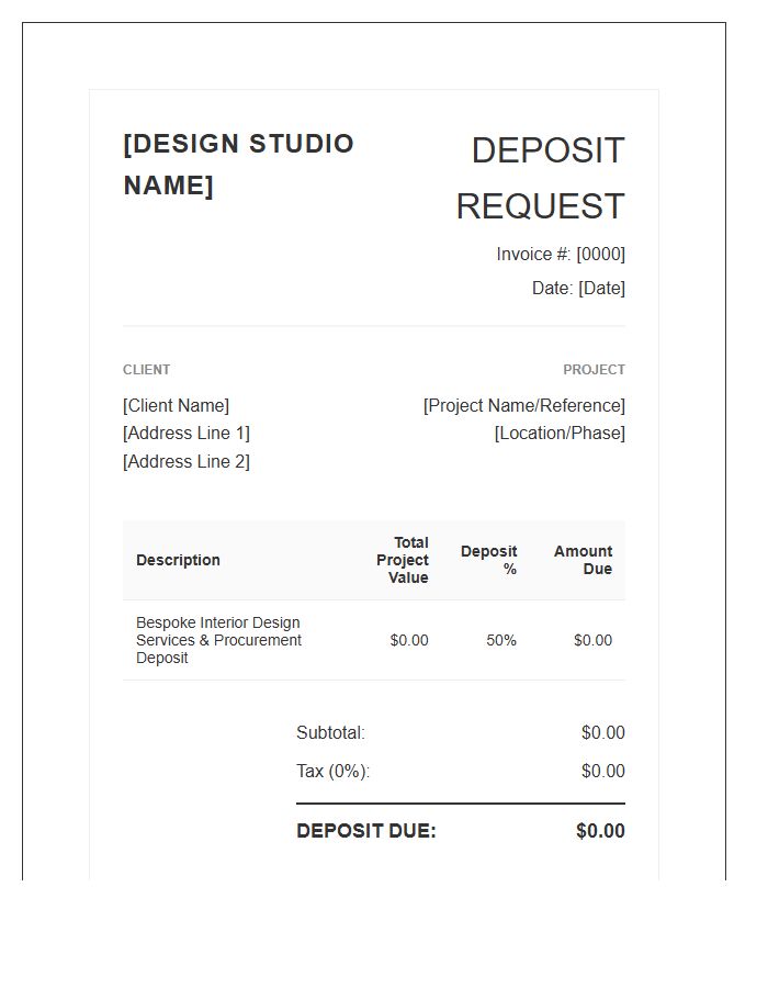 Bespoke Interior Design Deposit Request Invoice Template