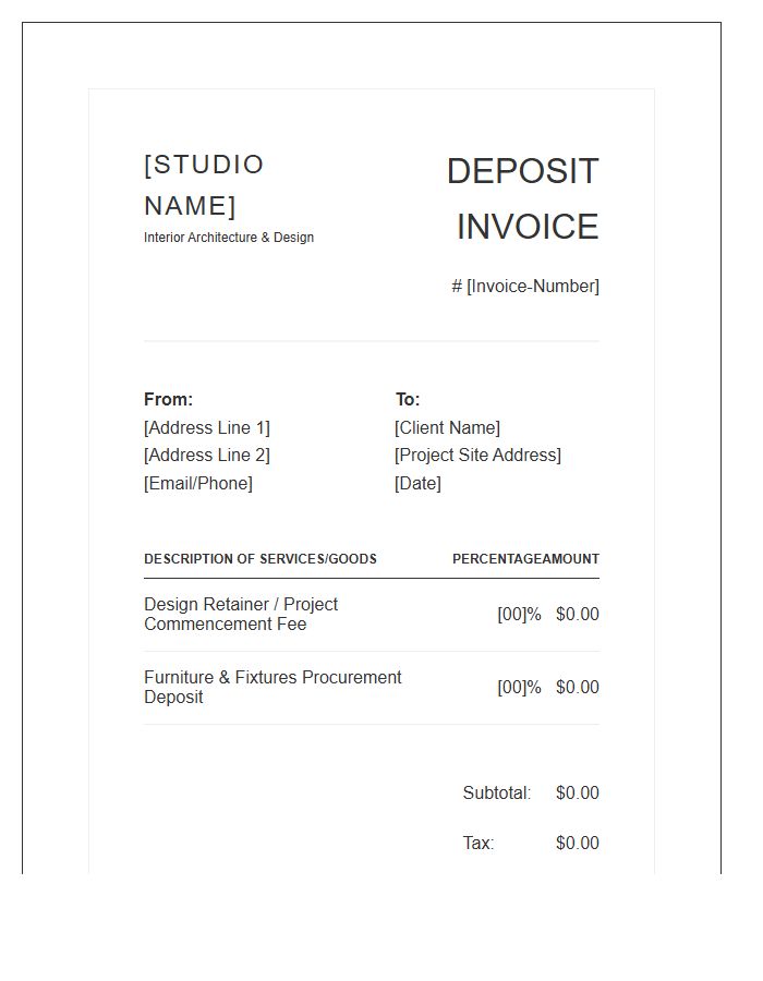 Boutique Interior Design Deposit Invoice Template