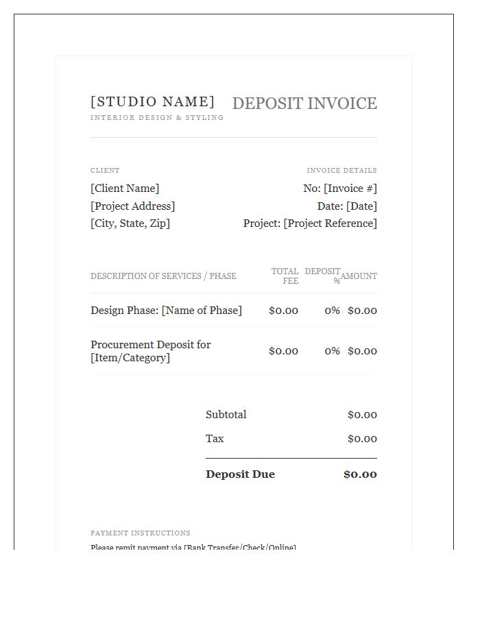 Elegant Interior Design Deposit Invoice Template