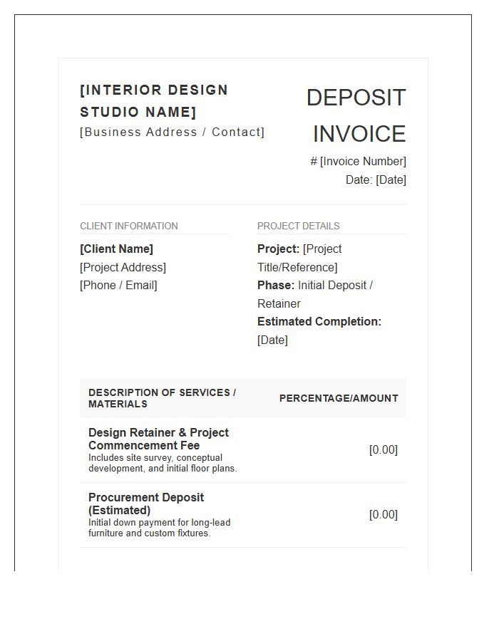 Expert Interior Design Project Deposit Invoice Template