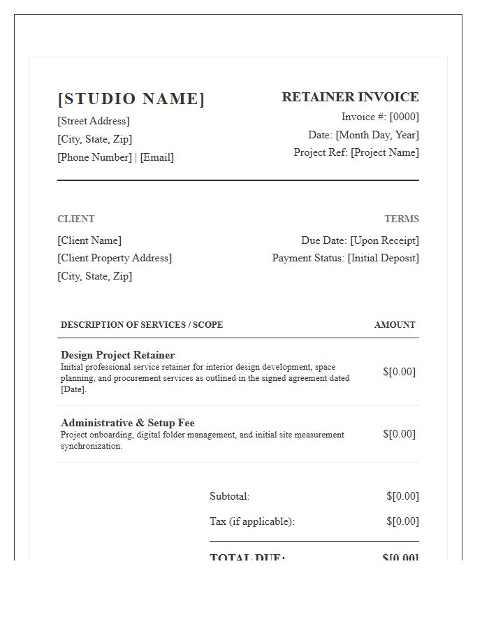 Formal Interior Design Project Retainer Invoice Template