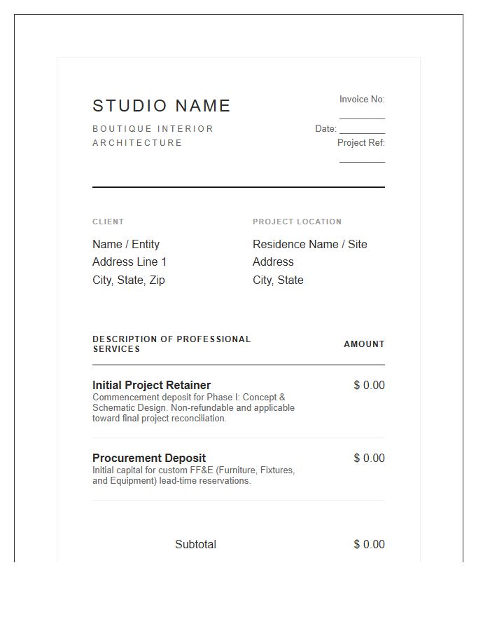 High Budget Interior Design Retainer Invoice Template
