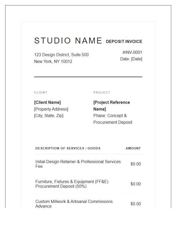 High End Interior Design Project Deposit Invoice Template