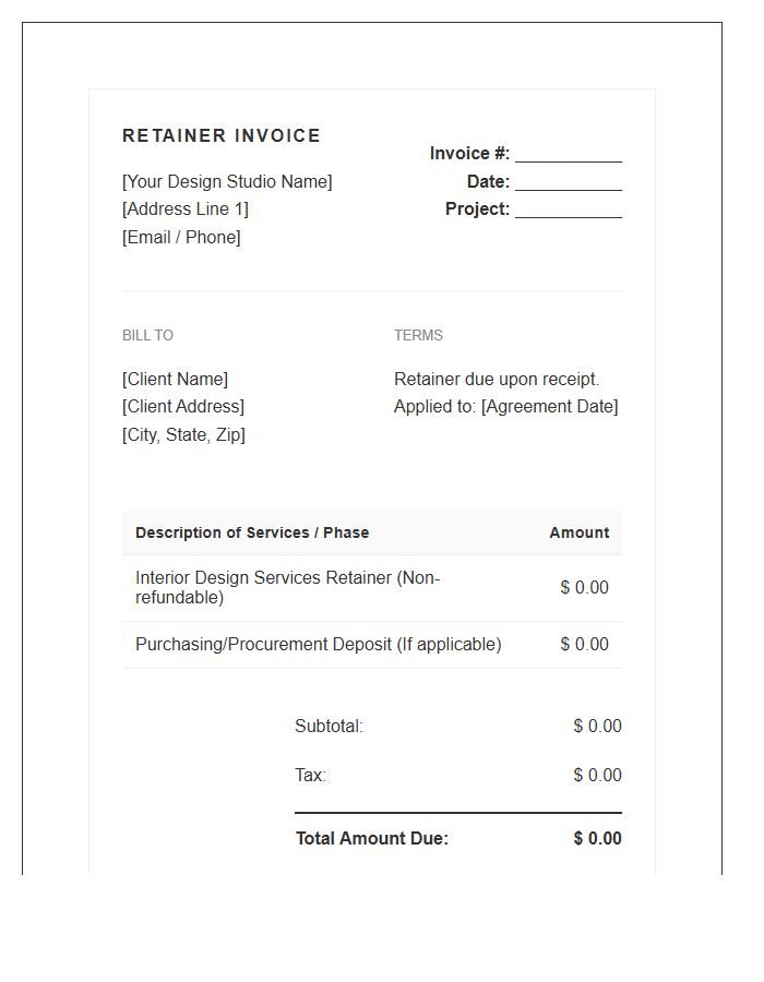 Interior Design Retainer Agreement Invoice Template