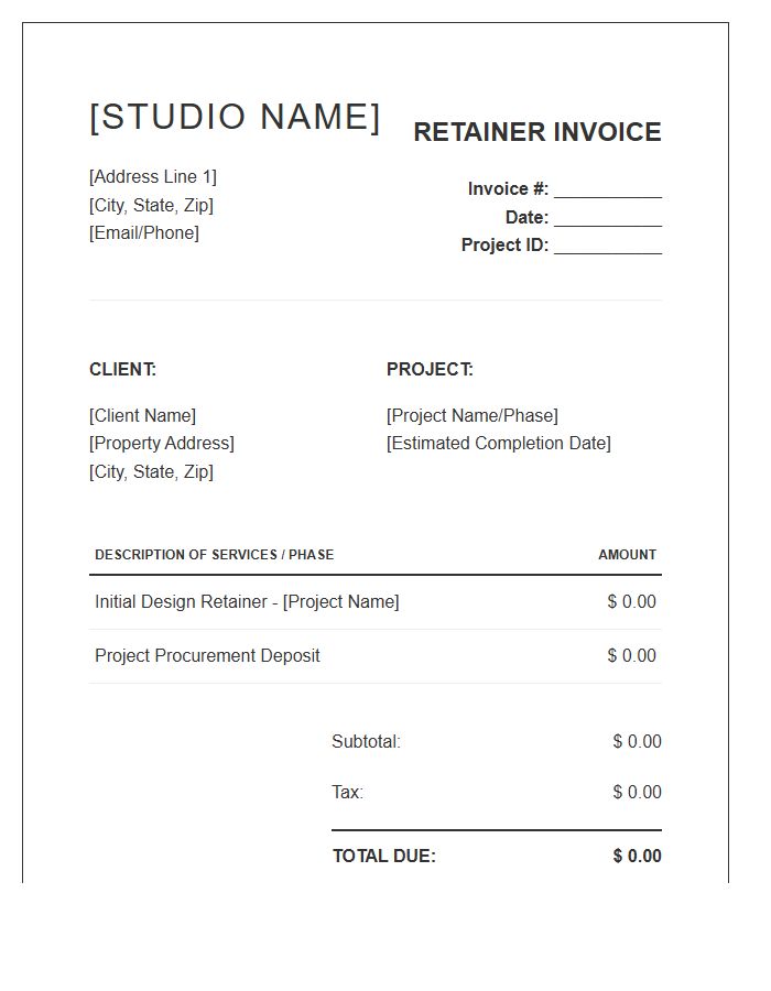 Interior Design Studio Retainer Invoice Template