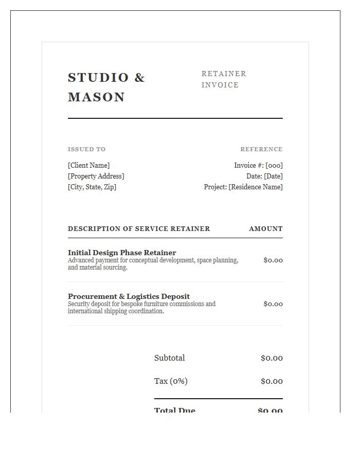 Luxury Home Interior Design Retainer Invoice Template
