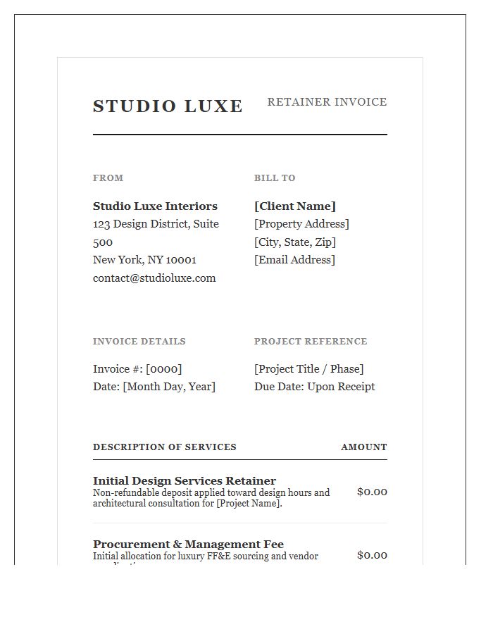 Luxury Interior Design Services Retainer Invoice Template