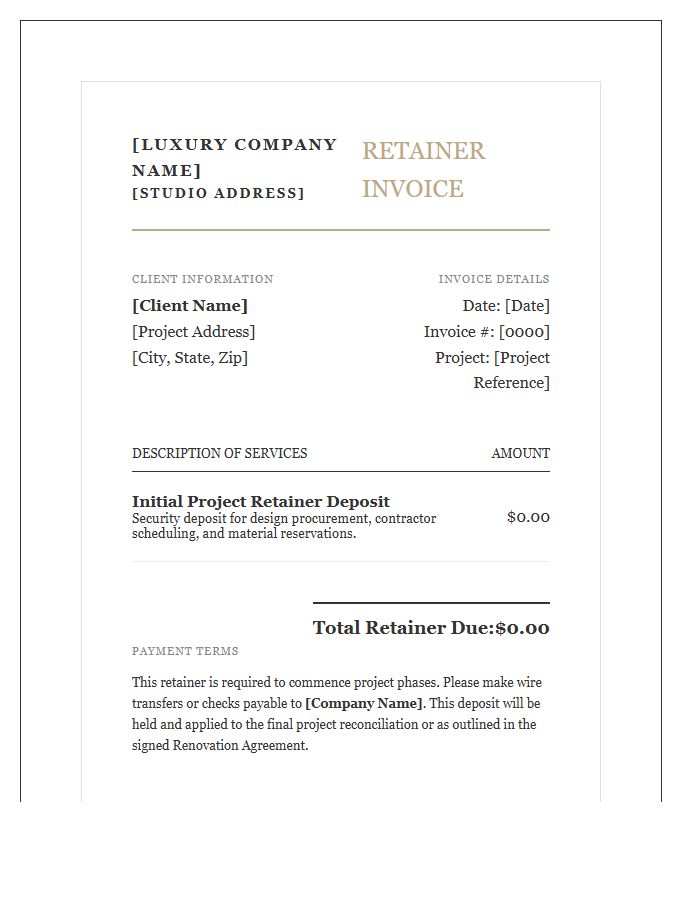 Luxury Renovation Retainer Deposit Invoice Template