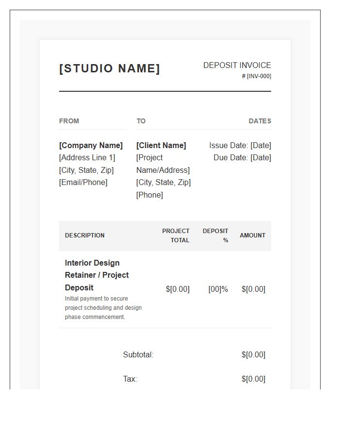 Premium Interior Design Project Deposit Invoice Template