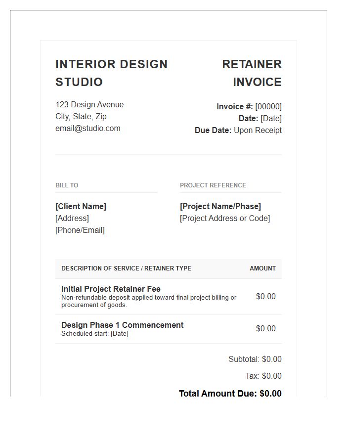 Professional Interior Design Retainer Fee Invoice Template