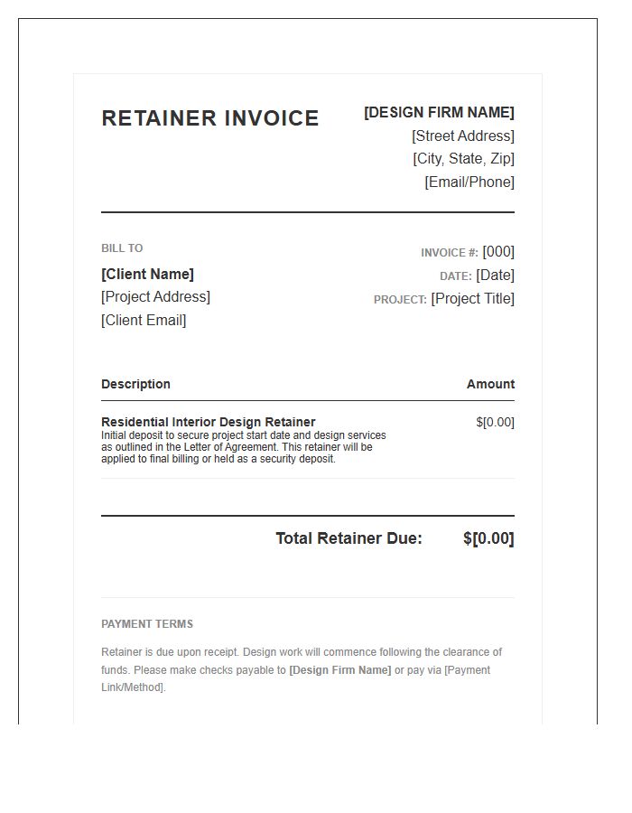 Residential Interior Design Retainer Deposit Invoice Template
