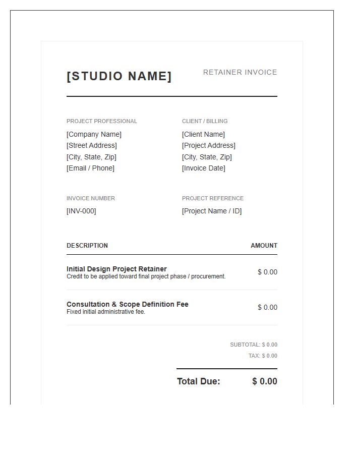 Upscale Interior Design Project Retainer Invoice Template