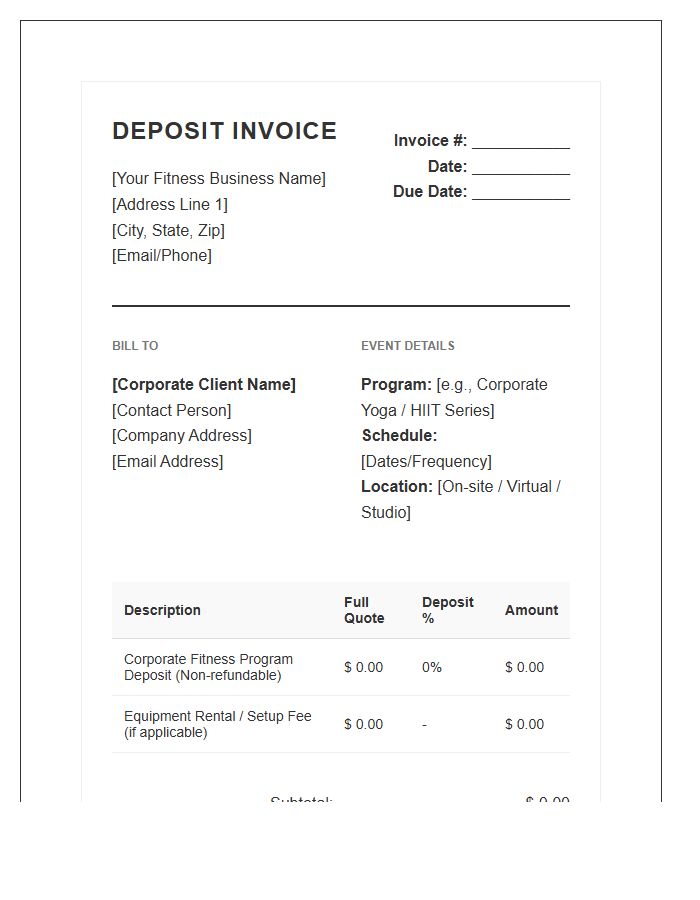 Corporate Group Fitness Deposit Invoice Template