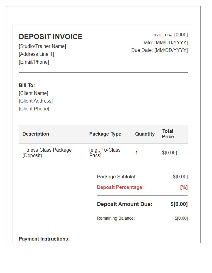 Fitness Class Package Deposit Invoice Template