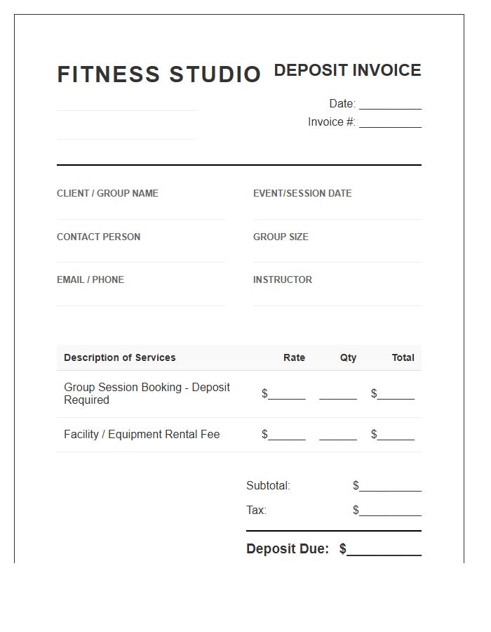Fitness Studio Group Deposit Invoice Template