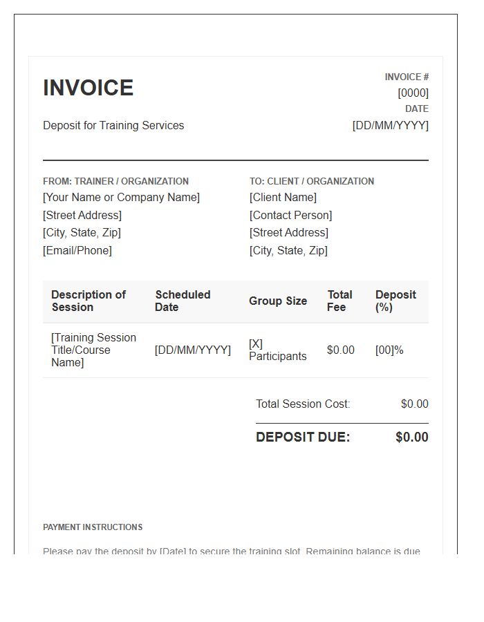 Group Training Session Deposit Invoice Template
