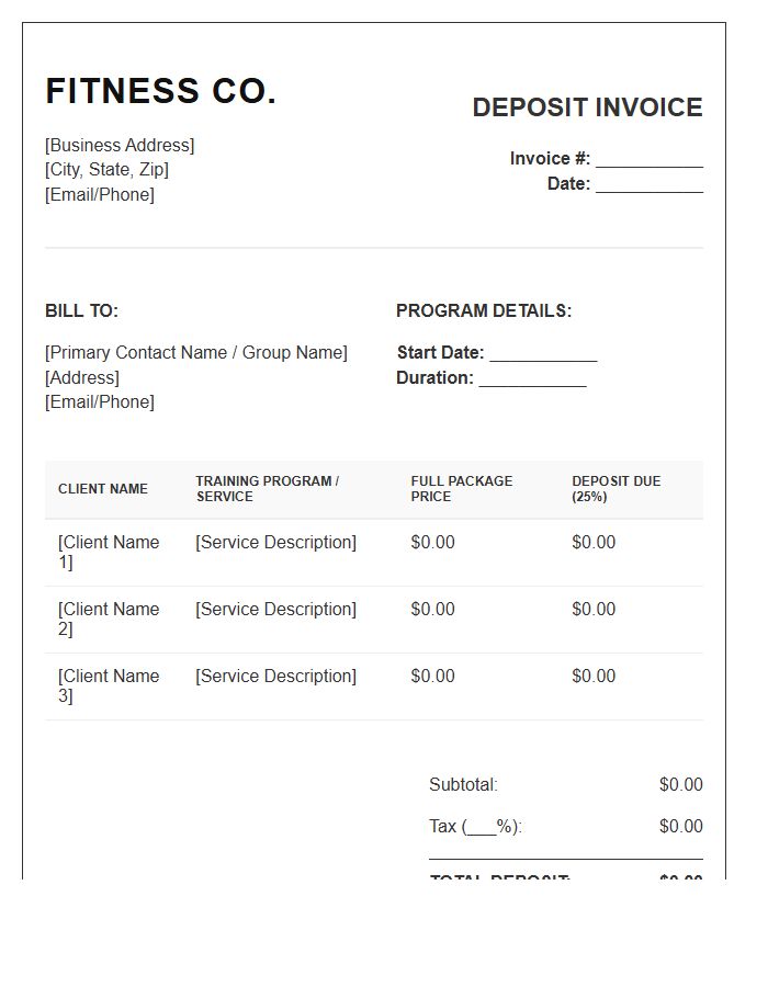 Multi Client Fitness Deposit Invoice Template
