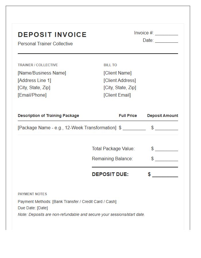 Personal Trainer Collective Package Deposit Invoice Template