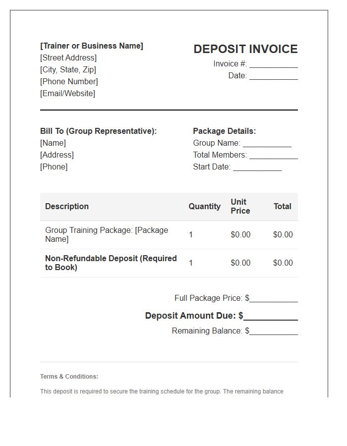 Personal Trainer Group Package Deposit Invoice Template