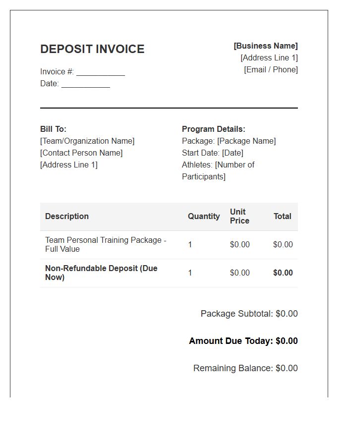 Personal Training Team Package Deposit Invoice Template