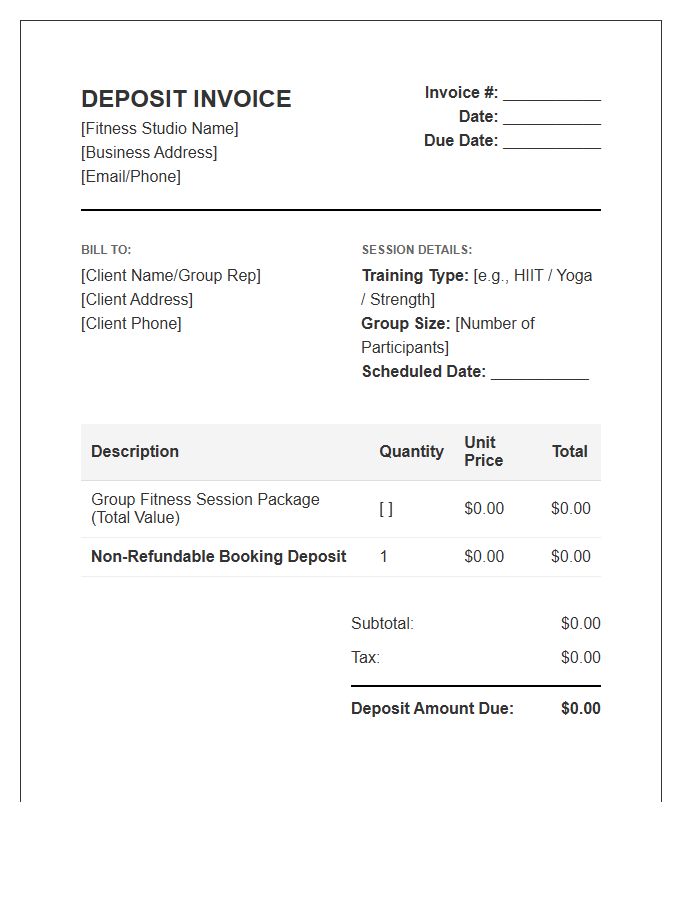 Small Group Fitness Deposit Invoice Template