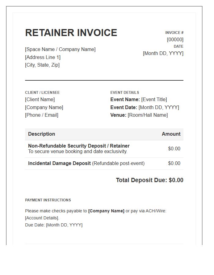 Commercial Event Space Retainer Deposit Invoice Template