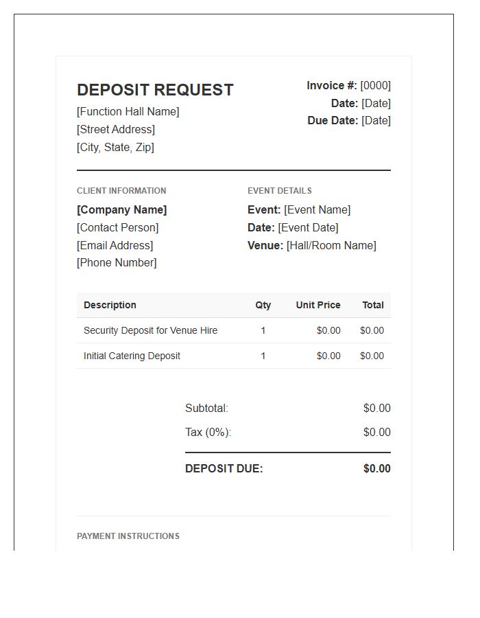 Corporate Function Hall Deposit Request Invoice Template