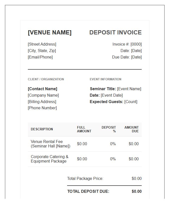 Corporate Seminar Venue Booking Deposit Invoice Template