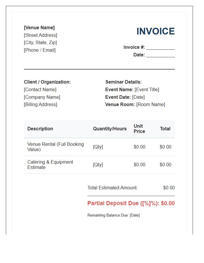 Corporate Seminar Venue Partial Deposit Invoice Template