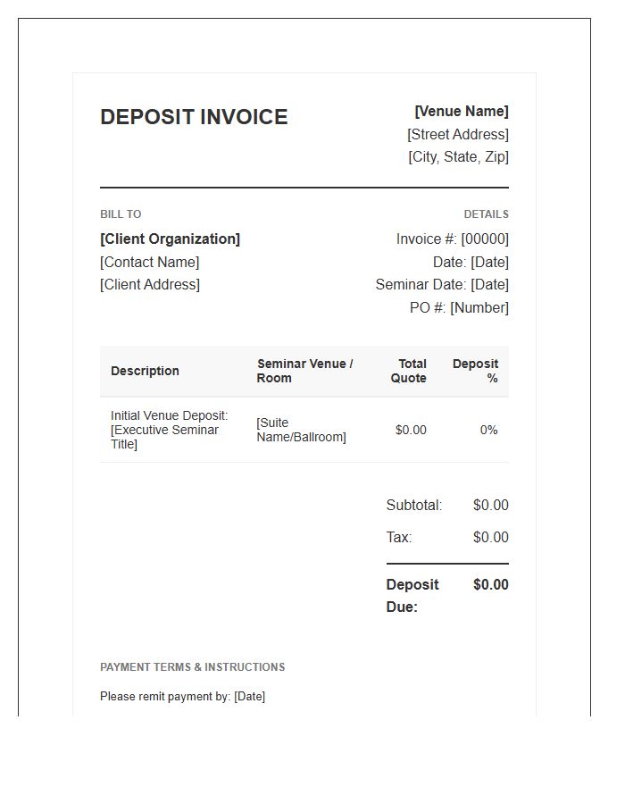 Executive Seminar Venue Initial Deposit Invoice Template