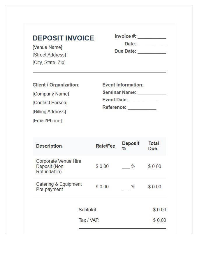 Formal Corporate Seminar Venue Deposit Invoice Template