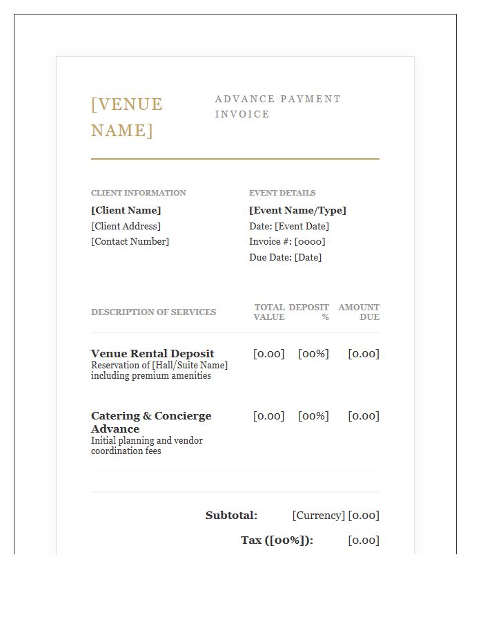 Luxury Event Venue Advance Payment Invoice Template
