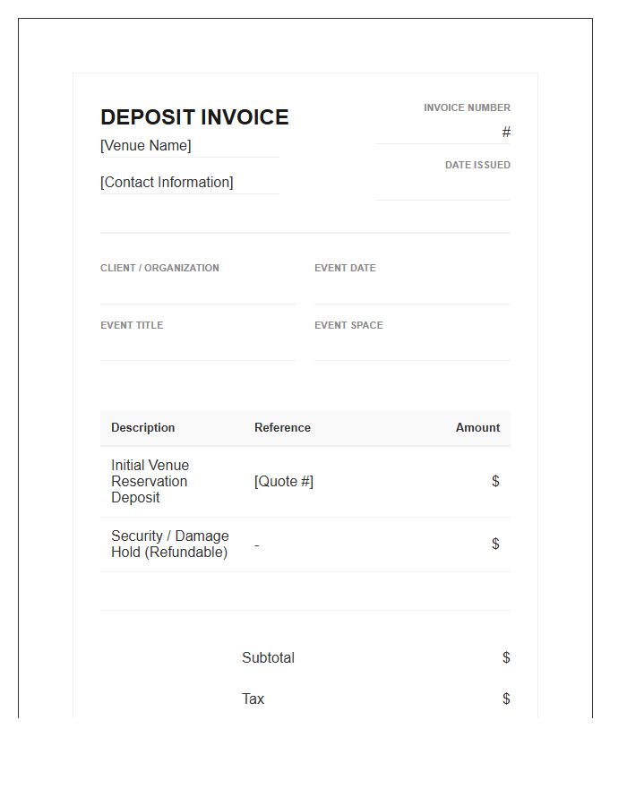 Premium Event Venue Deposit Invoice Template Standard