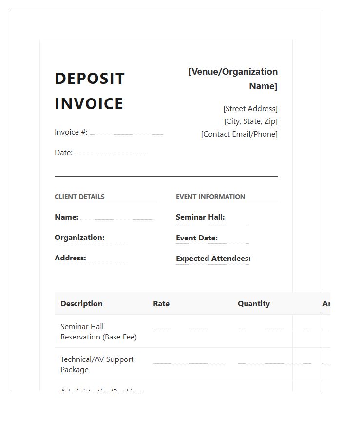 Professional Seminar Hall Reservation Deposit Invoice Template
