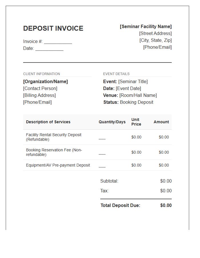Seminar Facility Deposit Transaction Invoice Template