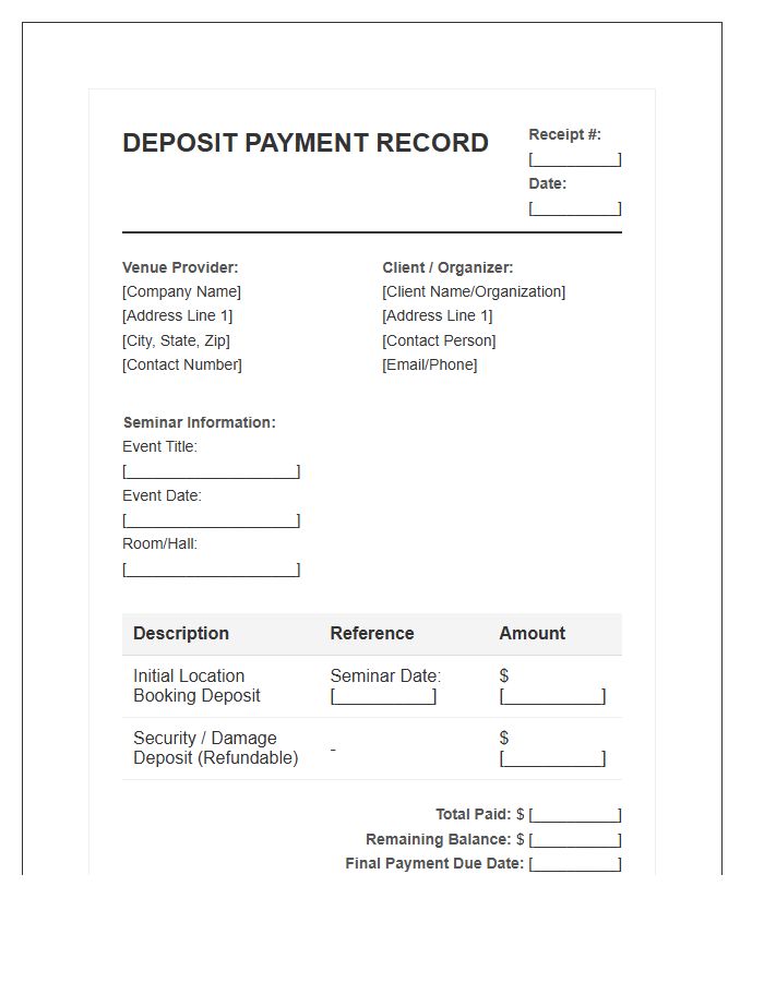 Seminar Location Deposit Payment Record Invoice Template