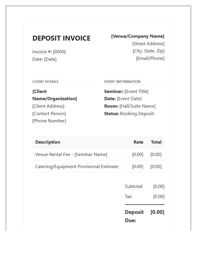 Seminar Venue Booking Fee Deposit Invoice Template
