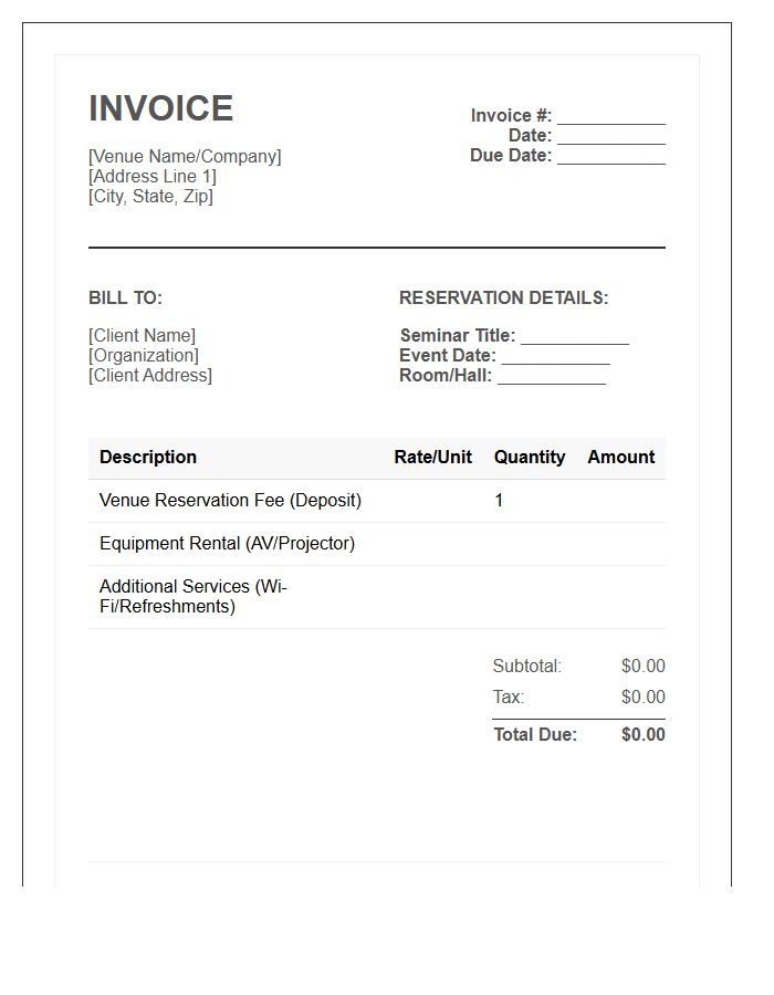 Seminar Venue Reservation Fee Invoice Template Layout