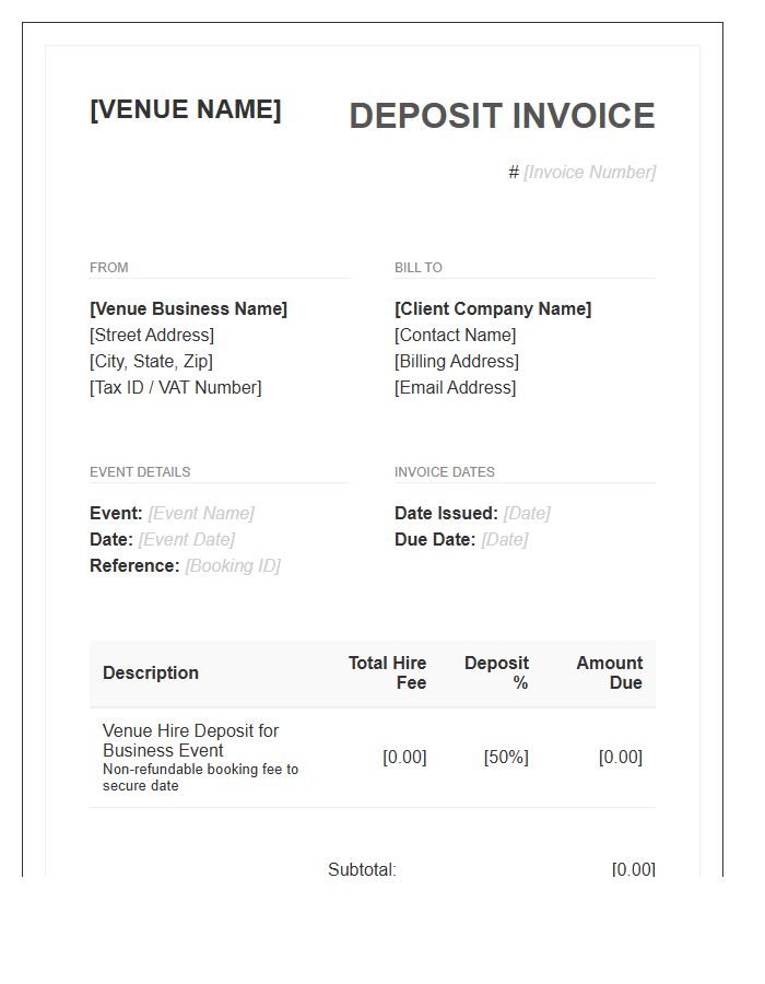 Venue Hire Deposit Invoice Template For Business Events