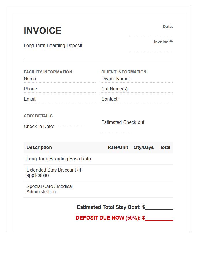 Cat Boarding Long Term Stay Deposit Invoice Template