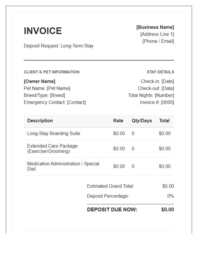 Commercial Pet Boarding Deposit Invoice Template Long Stay