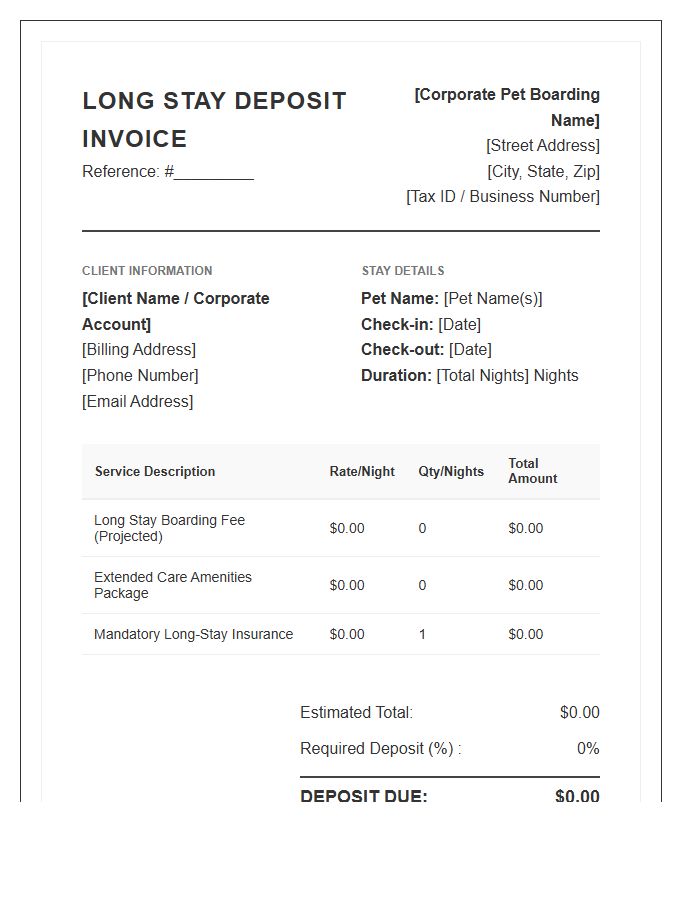 Corporate Pet Boarding Deposit Invoice Template Long Stay