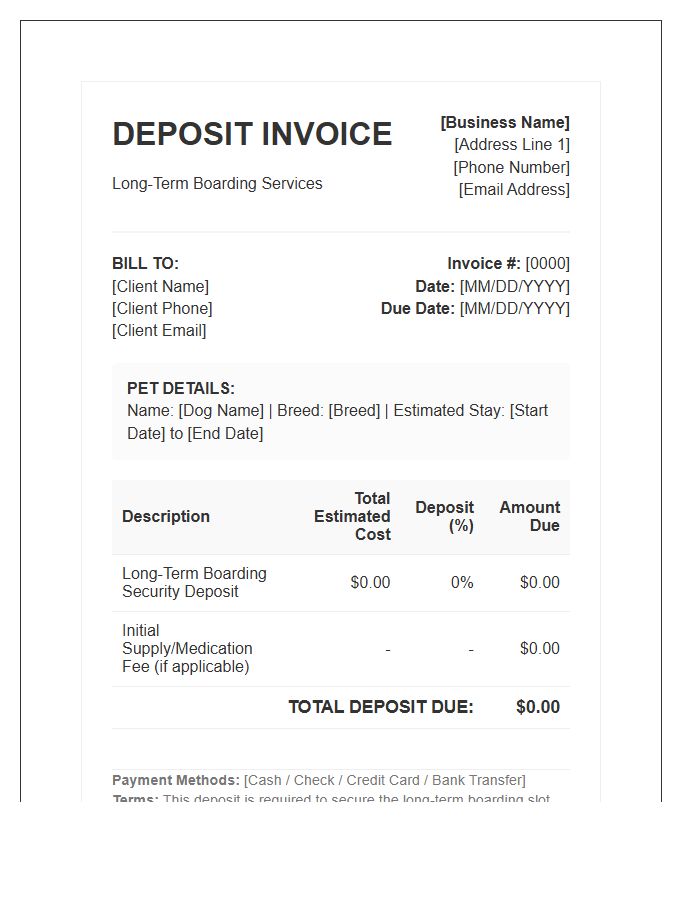 Dog Boarding Long Term Deposit Invoice Template