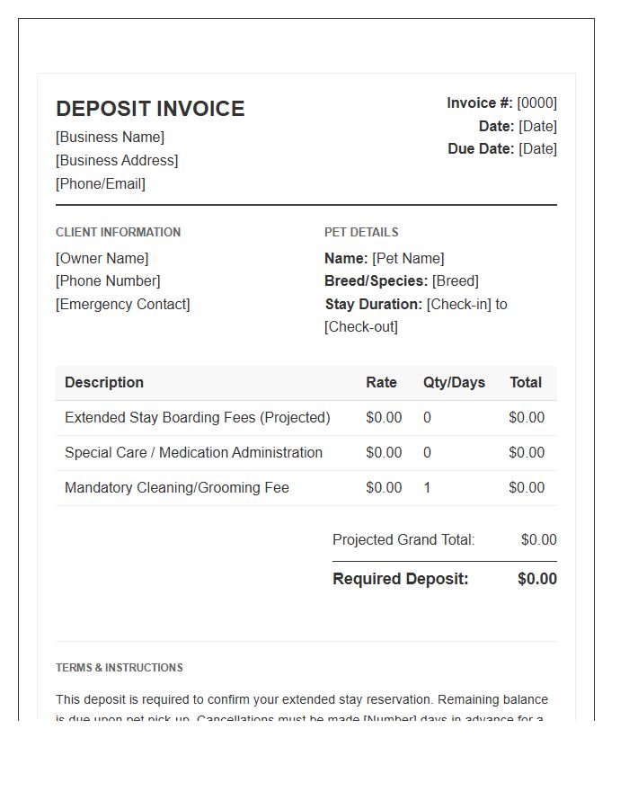 Extended Stay Pet Boarding Deposit Invoice Template