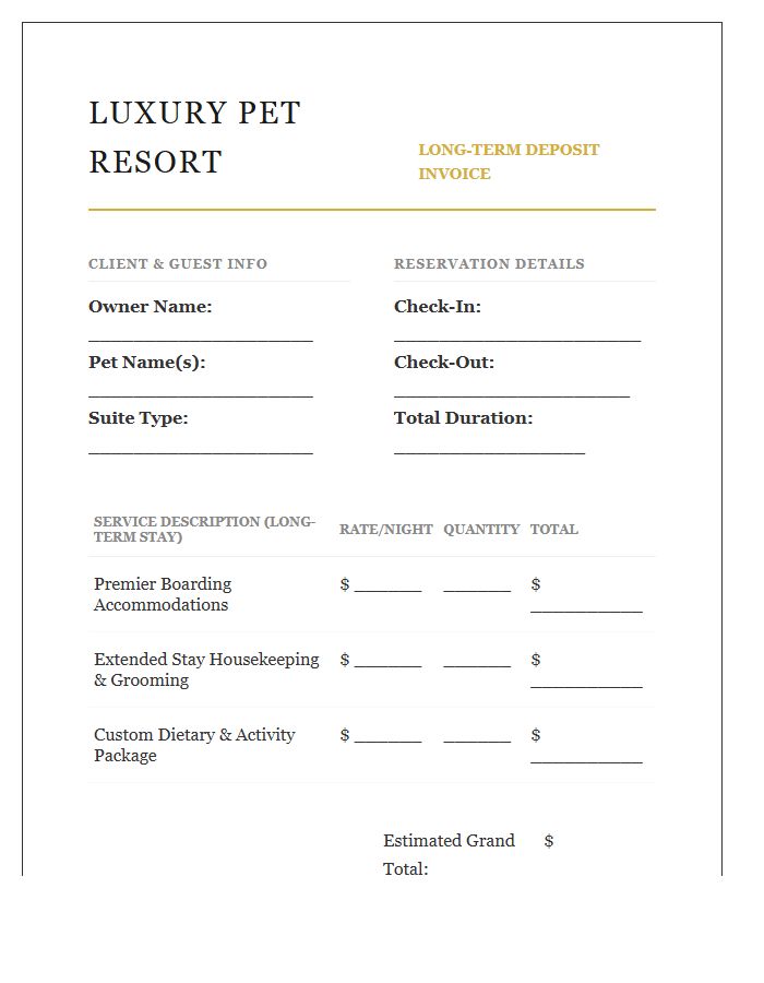 Luxury Pet Boarding Deposit Invoice Template Long Term