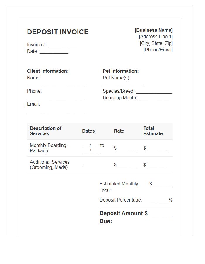 Monthly Pet Boarding Deposit Invoice Template