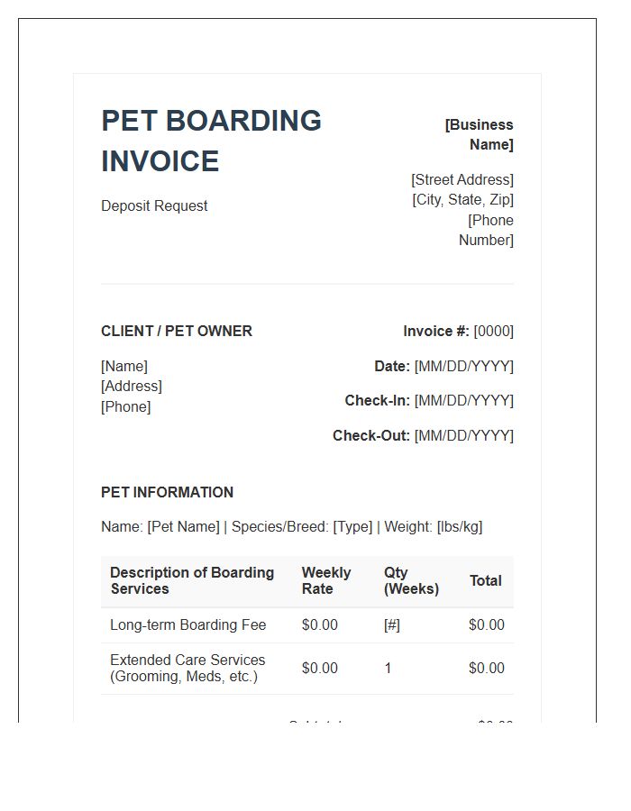 Multi Week Pet Boarding Deposit Invoice Template