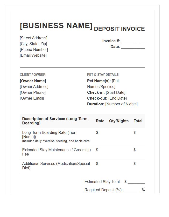 Pet Boarding Business Deposit Invoice Template Long Term